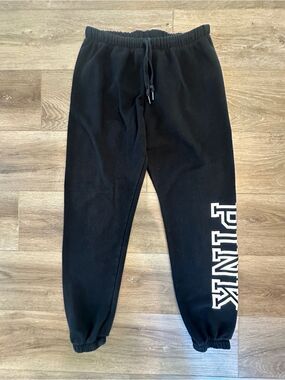 PINK Victoria's Secret Black Campus Fleece Sweatpants Logo Graphic Leg Medium